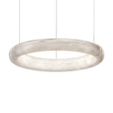 The Aurexis LED Large Floating Ring Alabaster Suspension Light – Soft White features a modern circular design with translucent marbled Spanish alabaster and is suspended from the ceiling by three thin cables.