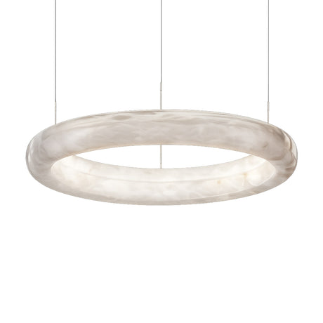 The Aurexis LED Floating Ring Alabaster Suspension Light - Soft White features a modern, circular design with a translucent, marble-like Spanish alabaster finish, suspended by three thin wires for an elegant ambient glow.