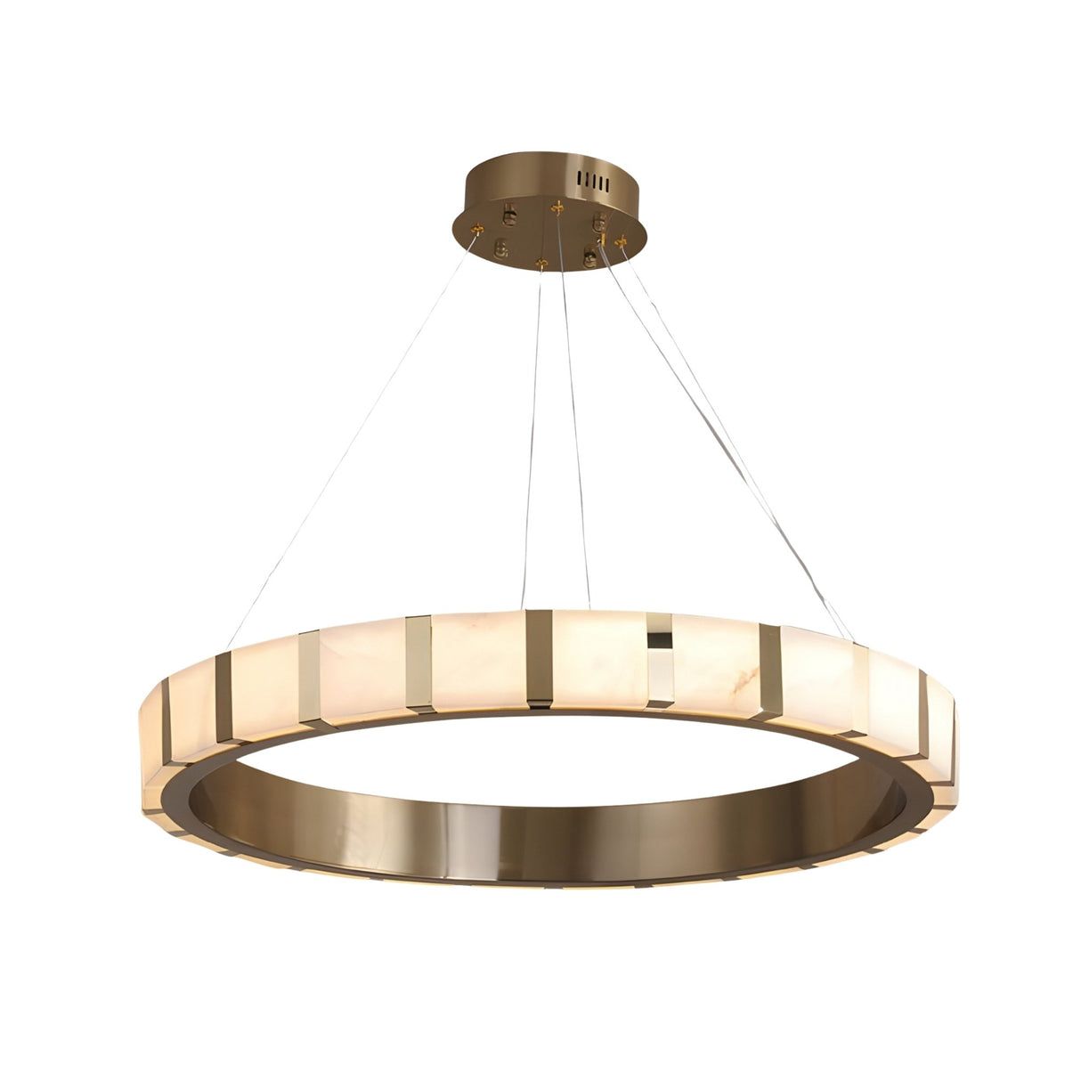 The Strata LED Large Alabaster Chandelier in Soft White & Copper features a modern circular design, suspended by four slim cables. It offers a sleek, contemporary look with an elegant metallic finish and soft LED illumination.