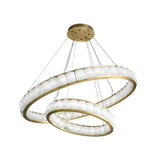 The Orion 48 Light 2 Tier Ring Alabaster Chandelier in soft white and brushed brass features interlocking rings lined with alabaster shades, suspended by thin wires for a sculptural, modern lighting statement.