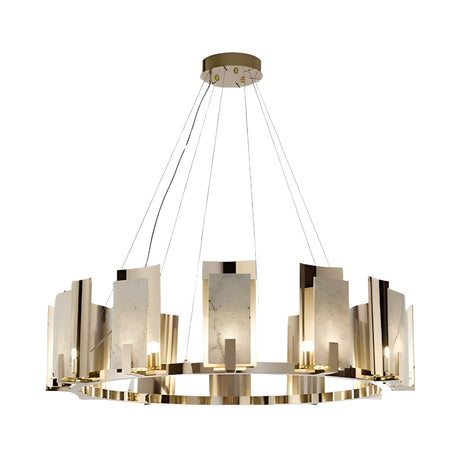 The Aurevon 10 Light Circular Alabaster Chandelier in Soft White & Copper features a modern gold frame with vertical Spanish alabaster and copper panels, elegantly suspended by thin wires and illuminated by small bulbs between the panels.