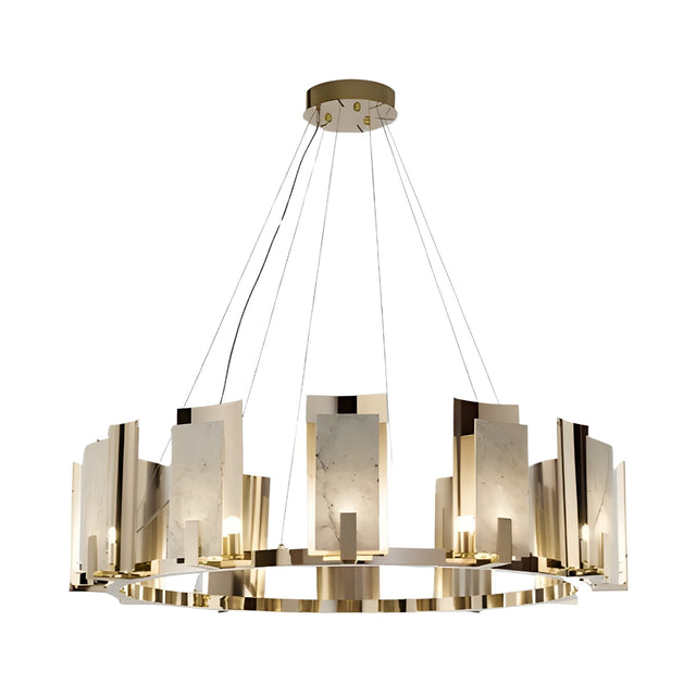 The Aurevon 10 Light Circular Alabaster Chandelier in Soft White & Copper features a modern gold frame with vertical Spanish alabaster and copper panels, elegantly suspended by thin wires and illuminated by small bulbs between the panels.