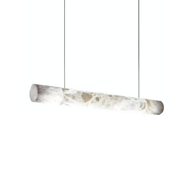 The Zareon LED Small Linear Alabaster Suspension Light – Soft White features a modern cylindrical alabaster shade, suspended horizontally by two thin cables, and emits soft white linear lighting.