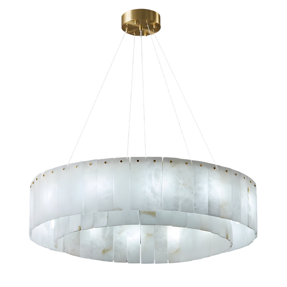 The Arvello 14 Light Layered Panel Alabaster Chandelier in Soft White & Brass features vertical translucent panels elegantly arranged around a modern, ring-shaped fixture with a gold ceiling mount and cables.
