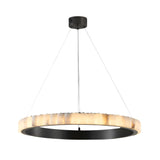 The Lucenza LED Large Halo Ring Alabaster Chandelier in Matte Black features a sleek black inner ring, glowing alabaster outer edge, and is suspended from the ceiling by three slim wires.