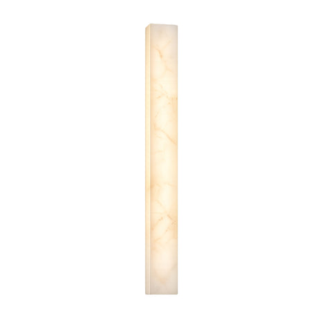 The Aureline LED Extra Large Sculpted Column Alabaster Wall Light in Soft White features a tall, rectangular design that emits a soft, warm glow through its translucent, marble-like alabaster surface.