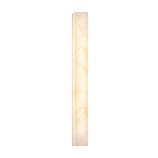 The Aureline LED Extra Large Sculpted Column Alabaster Wall Light in Soft White features a tall, rectangular design that emits a soft, warm glow through its translucent, marble-like alabaster surface.
