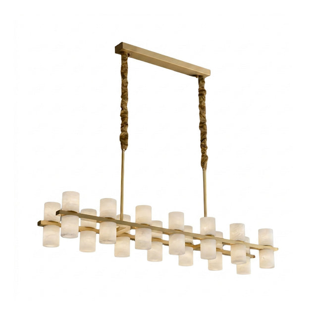 Niori Valenro linear chandelier with 28 alabaster cylinders in two staggered rows on a brass bar, suspended by textured rods from a rectangular plate.