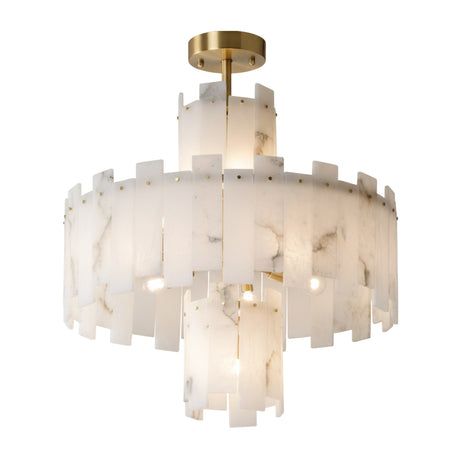 The Zarelli 24 Light Interlocking Panel Alabaster Chandelier features two circular tiers of overlapping soft white alabaster-like panels with subtle gray veining and a brass ceiling mount, with bulbs softly visible behind the panels.