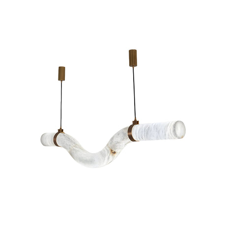 The Zareon LED Small Curved Alabaster Suspension Light in soft white features a wavy alabaster bar, suspended from the ceiling by slim black cables with brass mounts—a modern architectural lighting piece.