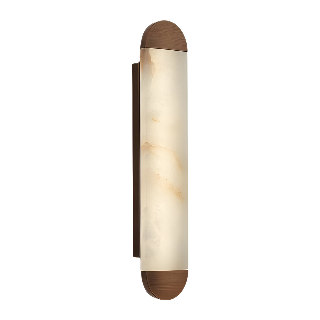 The Orivelle LED Large Vertical Alabaster Wall Light in Soft White & Brushed Bronze features a cylindrical frosted glass shade with a marbled texture and smooth brushed bronze caps at each end.