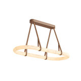 The Cintura LED Small Alabaster Floating Suspension Light in Soft White features an oval, marble-textured ring suspended by four angled bronze supports from a matching ceiling mount.