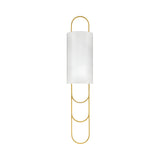 The Catenis 2 Light Large Loop Frame Alabaster Wall Light features a cylindrical soft white shade and a brushed brass large loop frame extending above and below, shown against a white background.