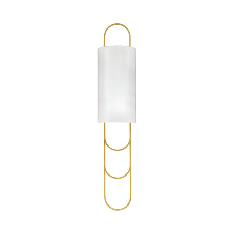 The Catenis 2 Light Large Loop Frame Alabaster Wall Light features a cylindrical soft white shade and a brushed brass large loop frame extending above and below, shown against a white background.