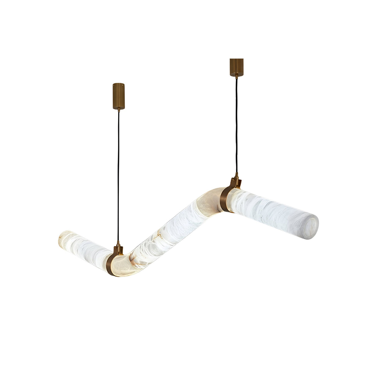 The Zareon LED Small Articulated Alabaster Suspension Light – Soft White features a modern zigzag shape with two marble-patterned white glass tubes, suspended by black cords from brass mounts.