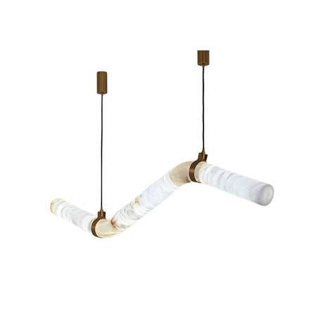 The Zareon LED Small Articulated Alabaster Suspension Light – Soft White features a modern zigzag shape with two marble-patterned white glass tubes, suspended by black cords from brass mounts.