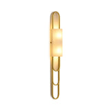 The Catenis 2 Light Large Loop Frame Alabaster Wall Light in brushed brass features a sleek vertical frame and a soft white alabaster shade, creating a warm, modern glow.