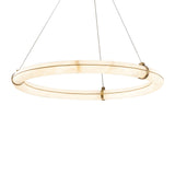 The Aureon LED Large Alabaster Circular Suspension Light – Soft White features a modern glowing ring design, suspended by three slim cables for a sleek, minimalist look.