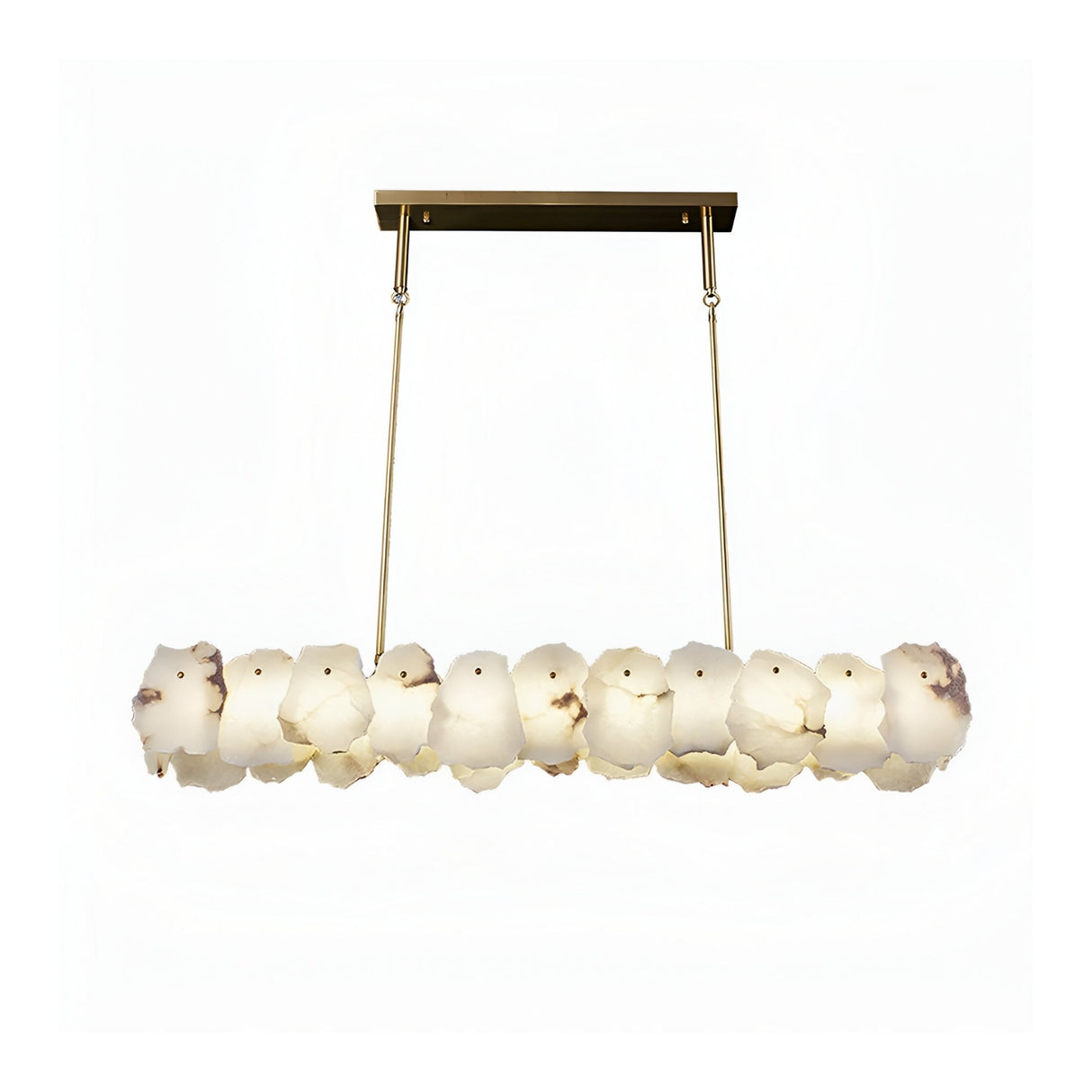 The Solvane LED Small Petal Alabaster Linear Suspension Light features soft white, petal-like alabaster glass shades with brown accents, a brass frame, and dual rods—a modern fixture inspired by Spanish lighting.