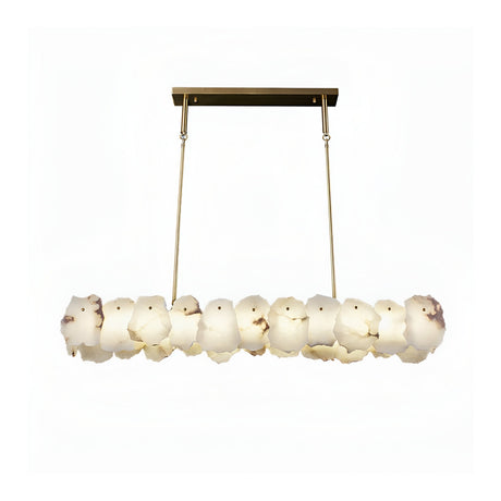 The Solvane LED Small Petal Alabaster Linear Suspension Light features soft white, petal-like alabaster glass shades with brown accents, a brass frame, and dual rods—a modern fixture inspired by Spanish lighting.