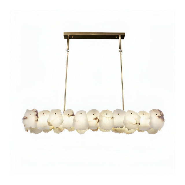 The Solvane LED Small Petal Alabaster Linear Suspension Light features soft white, petal-like alabaster glass shades with brown accents, a brass frame, and dual rods—a modern fixture inspired by Spanish lighting.