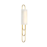 The Catenis 2 Light Large Loop Frame Alabaster Wall Light features a minimalist design with two interlocking ovals in brushed brass and a cylindrical soft white shade, creating an elegant, refined look set against a plain white background.