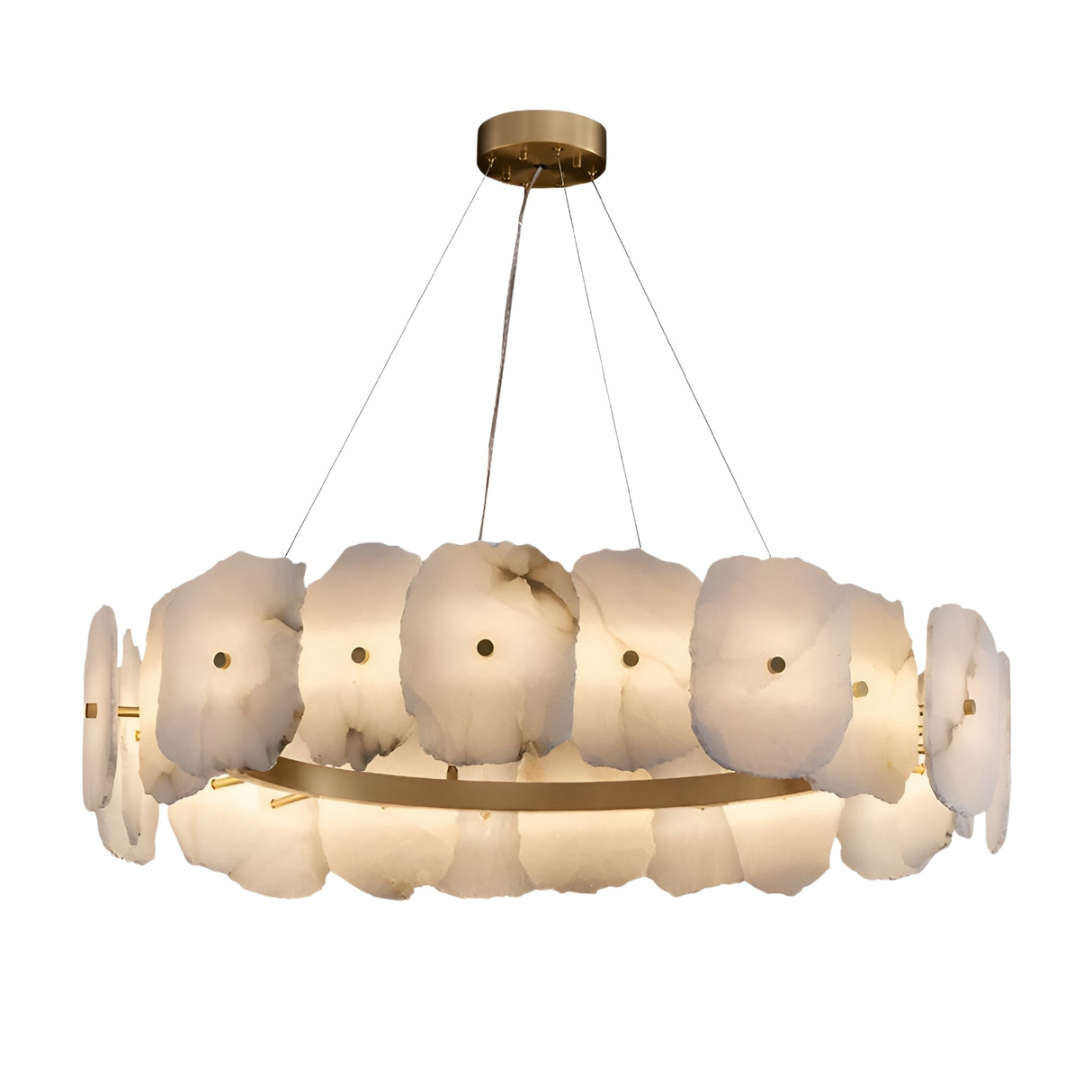The Solvane LED Large Petal Alabaster Chandelier in soft white and brass features circular, translucent alabaster-like panels arranged in a ring and suspended by cables for a modern centerpiece.