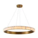 The Lucenza LED Large Halo Ring Alabaster Chandelier in brushed brass features frosted alabaster segments and four suspension cables, casting a soft, warm glow with its modern circular design.
