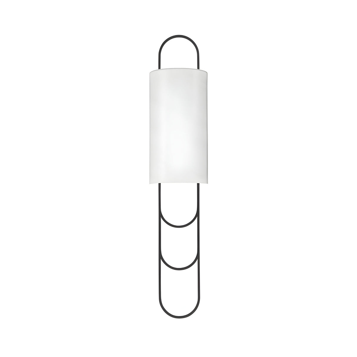 The Catenis 2 Light Large Loop Frame Alabaster Wall Light features a cylindrical soft white shade with a minimalist matte black metal frame forming three large loops above and below, displayed against a white background.