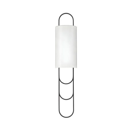 The Catenis 2 Light Large Loop Frame Alabaster Wall Light features a cylindrical soft white shade with a minimalist matte black metal frame forming three large loops above and below, displayed against a white background.