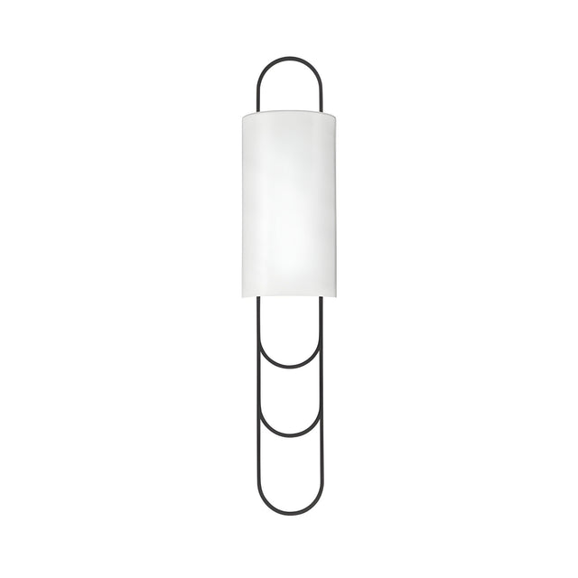 The Catenis 2 Light Large Loop Frame Alabaster Wall Light features a cylindrical soft white shade with a minimalist matte black metal frame forming three large loops above and below, displayed against a white background.