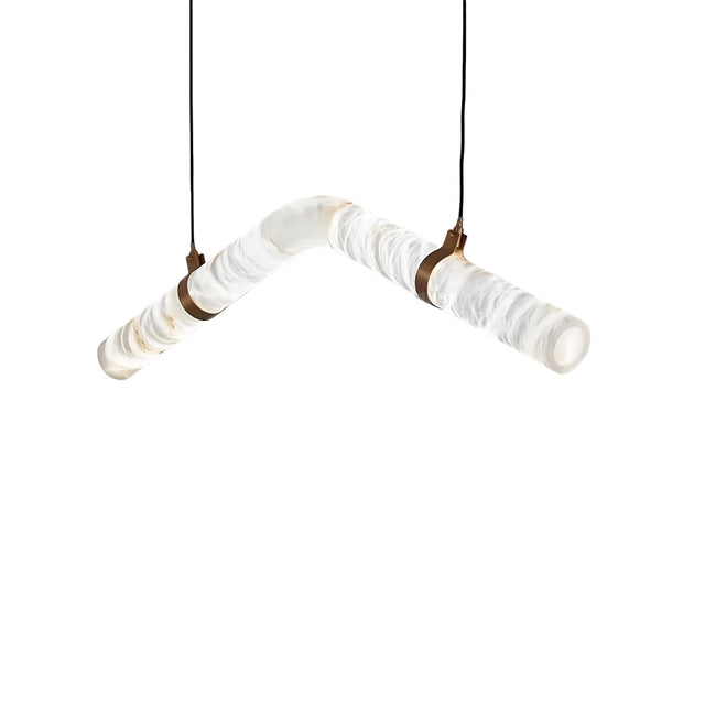 The Zareon LED Small Articulated Alabaster Suspension Light – Soft White features a modern V-shaped design with frosted cylindrical glass and dual black suspension cords attached to sleek metal brackets.