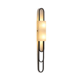 The Catenis 2 Light Large Loop Frame Alabaster Wall Light in matte black and soft white features a minimalist geometric design with a large loop frame and alabaster shade, emitting warm, diffused light for sleek sophistication in any space.