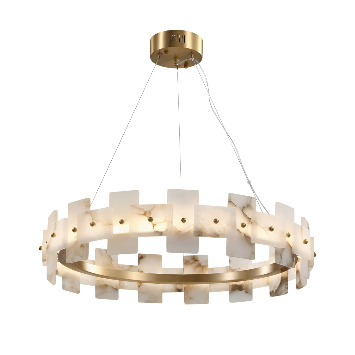 The Ravion LED Large Panelled Alabaster Chandelier features soft white Spanish Alabaster panels in a geometric design, a brass frame, and is suspended by three slim wires from a round ceiling mount.