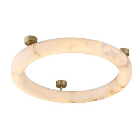 The Orbis Extra Large LED Alabaster Semi-Flush Ceiling Light – Soft White features a round alabaster-style ring with a soft glow, held by three gold mounts—an elegant modern fixture for contemporary spaces.
