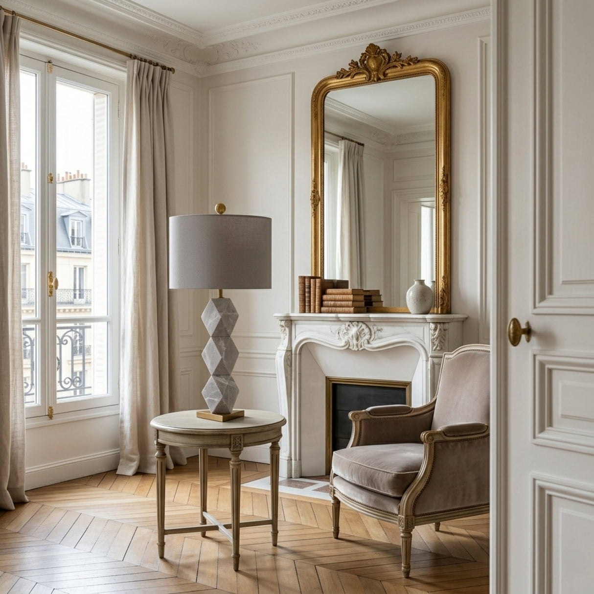 An elegant living room with a large gold-framed mirror above a white fireplace, a beige armchair, parquet wood floors, tall windows with light curtains, and a round side table topped with the Zerava 1 Light Faceted Marble Table Lamp in Black & Grey.