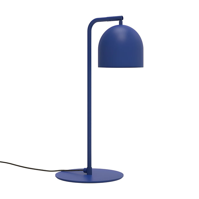 Rio Articulated Dome Adjustable Table Lamp in blue, featuring a slim iron stem on a flat round base with a hooked top holding a small downward-facing dome shade, shown on a plain white background.