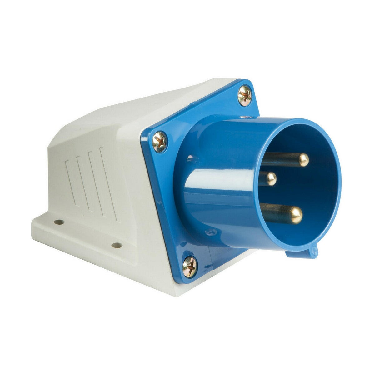 A blue and white 32A Appliance Inlet designed for heavy-duty equipment features three brass prongs and four visible screws for wall mounting. This 240V industrial power plug is displayed clearly on a white background.