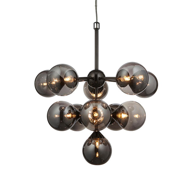 Endon Fitzroy 11 light pendant in black chrome with tiered smoked mirror glass globe shades on slim arms, shown against a plain white background.