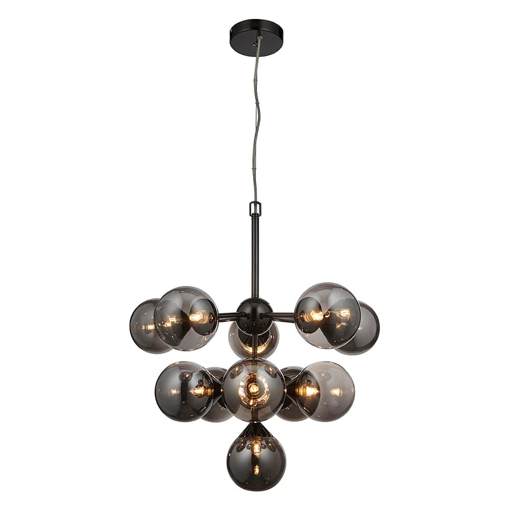 Endon Fitzroy 11 light pendant in black chrome with tiered smoked mirror glass globe shades on slim arms, shown against a plain white background.