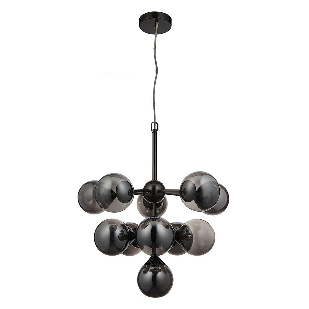 Endon Fitzroy 11 light pendant in black chrome with tiered smoked mirror glass globe shades on slim arms, shown against a white background.