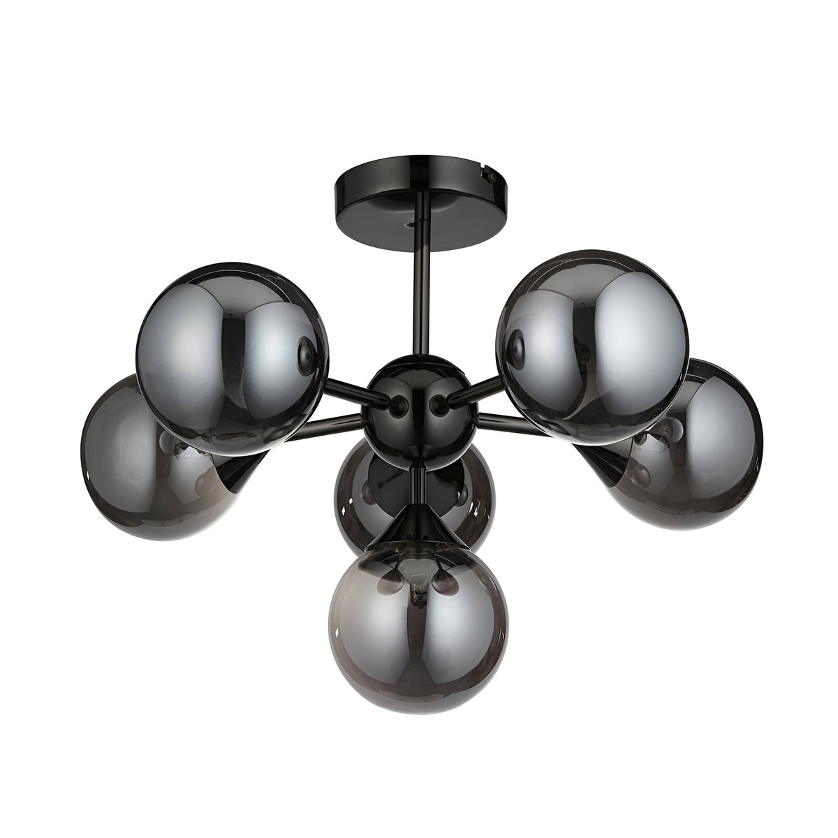 Endon Fitzroy 6 light semi-flush ceiling light in black chrome with brass frame and smoked glass globe shades on a white background.