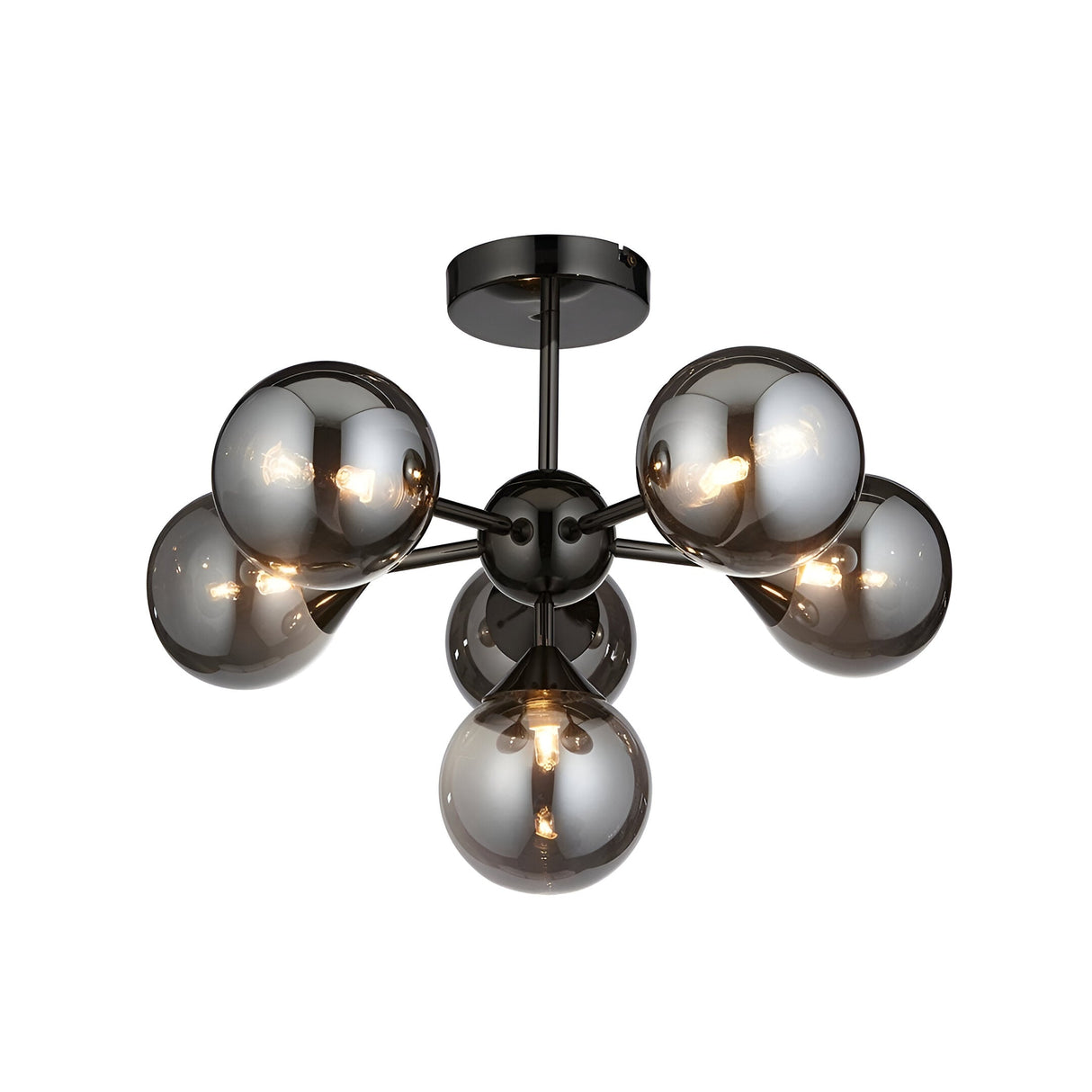 Endon Fitzroy 6 light semi-flush ceiling light in black chrome with smoked glass globes on a sputnik-style brass frame, shown on a white background.