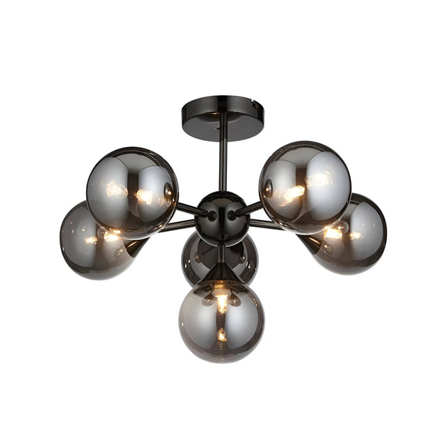 Endon Fitzroy 6 light semi-flush ceiling light in black chrome with smoked glass globes on a sputnik-style brass frame, shown on a white background.