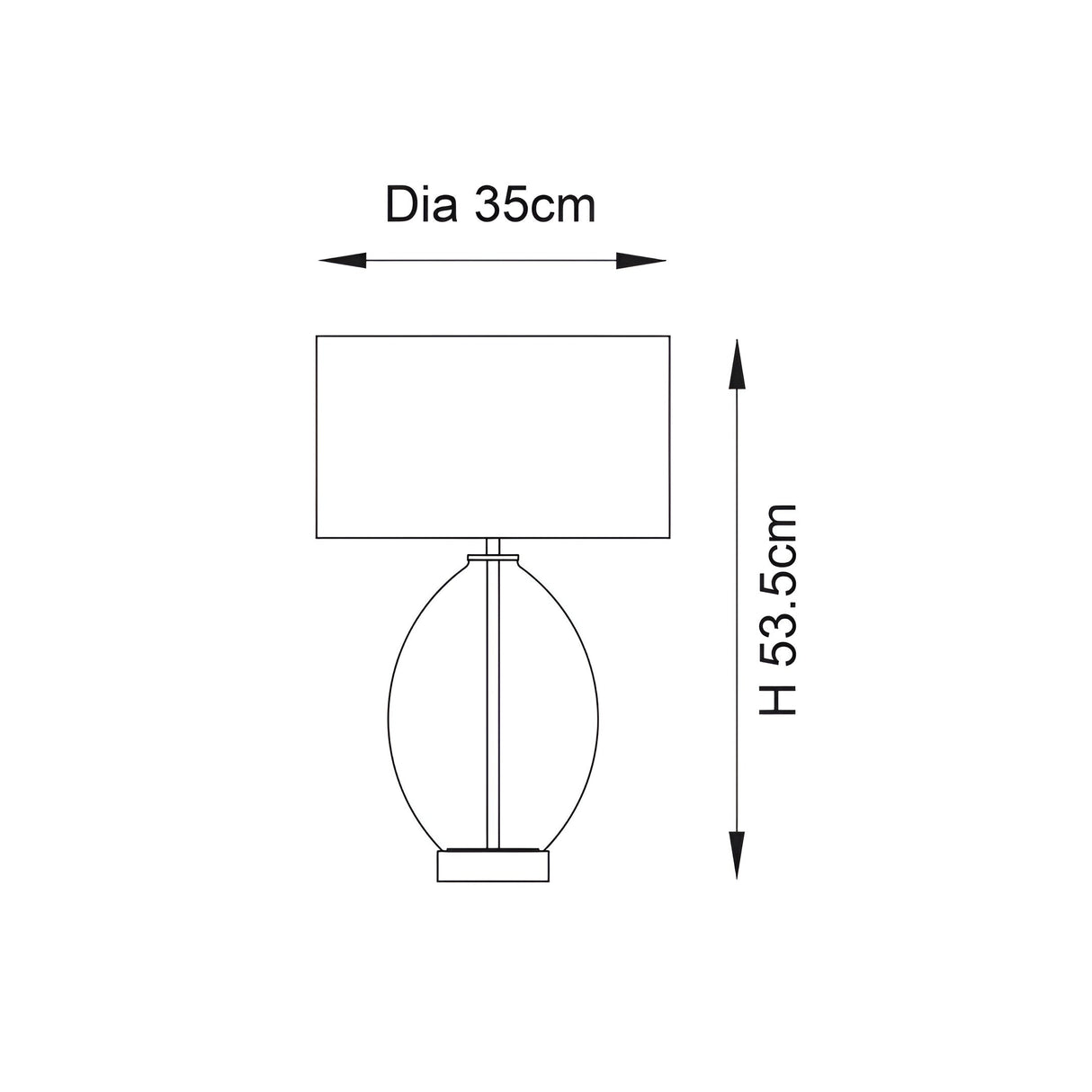 Dimensions diagram of the Endon Draycott table lamp showing 35cm shade diameter and 53.5cm height on a plain white background.