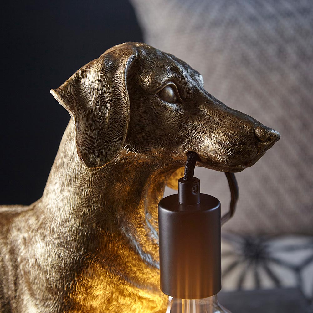 Gold resin Bevworth Table Lamp shaped like a dachshund with textured fur detail and a black E27 lamp holder at the mouth.