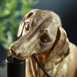 Bevworth Table Lamp close-up showing a gold resin dachshund head with textured fur detail and matt black lamp holder, set against a blurred green backdrop.