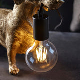 Bevworth Table Lamp in gold resin, shaped as a dachshund holding a black E27 lamp holder with a lit globe filament bulb.