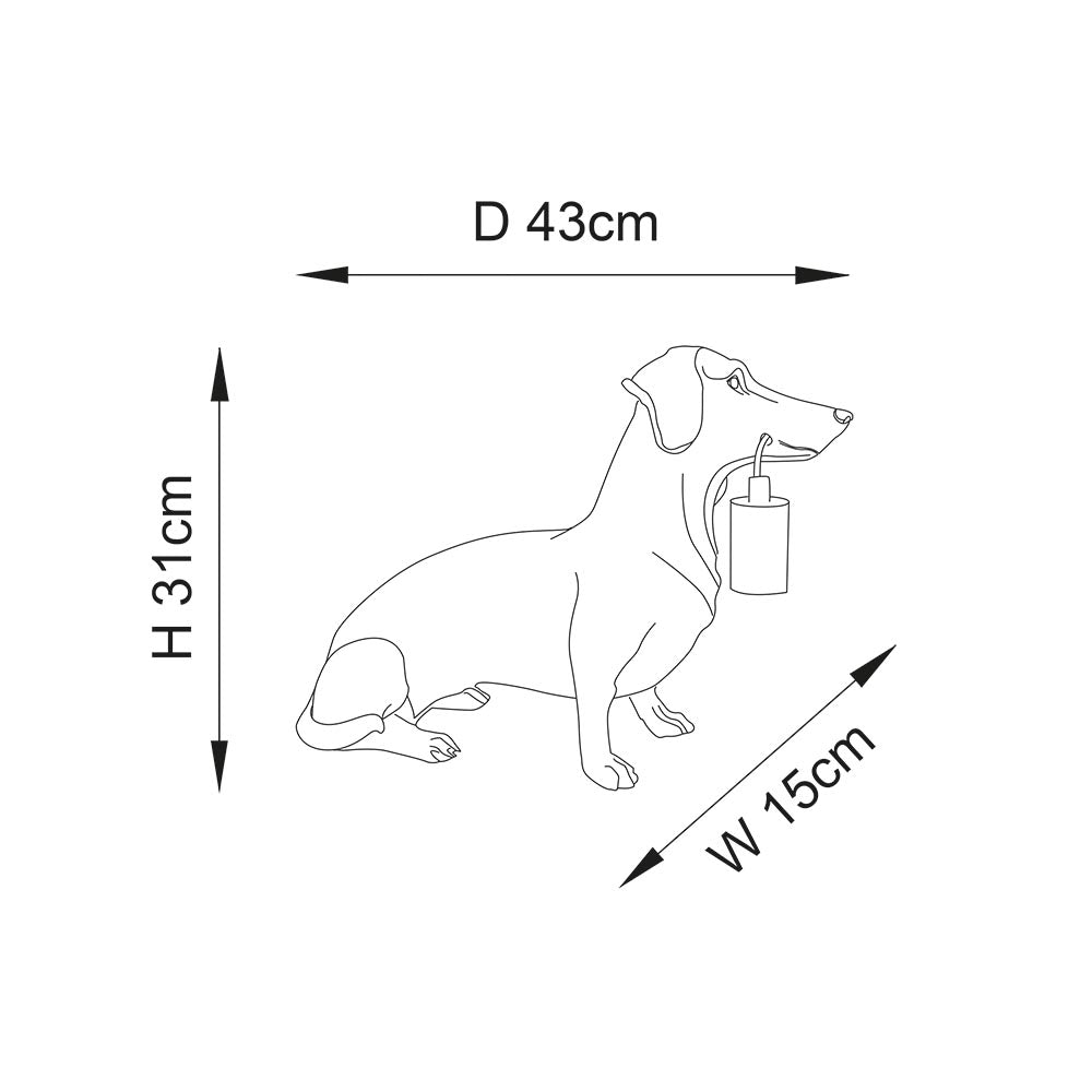 Line drawing of the Bevworth dachshund-shaped table lamp with dimensions labelled: 43cm depth, 31cm height and 15cm width, on a white background.