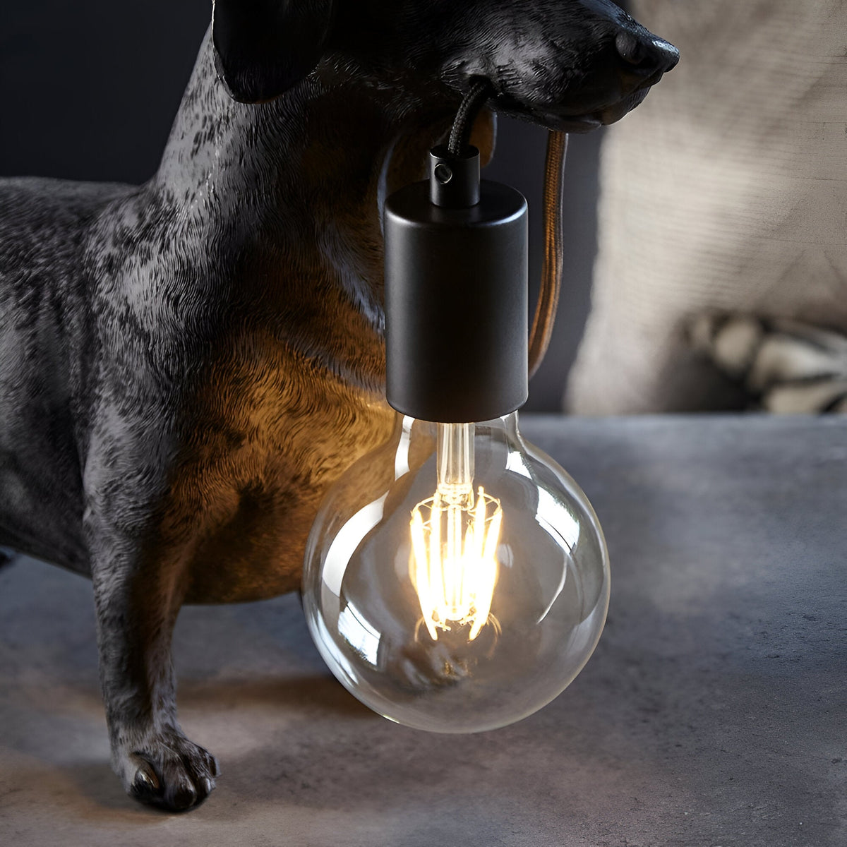 Bevworth Table Lamp in matt black resin, shaped as a dachshund holding an E27 filament bulb, styled on a dark surface indoors.
